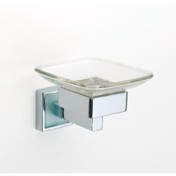 Design Seifenschale / Seifenablage mit Glaseinsatz & Wandhalterung - Messing/verchromt - Quadra