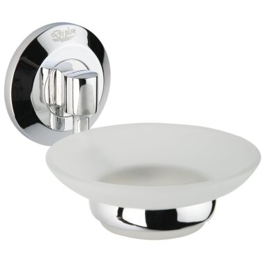 Design Seifenschale Rimini – Wandmontage – Satiniertes Echtglas – Verchromter Messinghalter – 11 cm – Modernes Badezimmeraccessoire