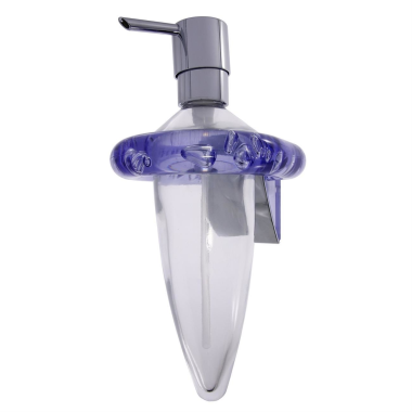 Seifenspender für Flüssigseife mit Klarglas / Metallpumpe wandhängend lila blau