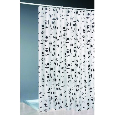 Textil Duschvorhang 180×200 cm weiß-schwarz mit Ringen, geometrisches Muster, maschinenwaschbar Polyester