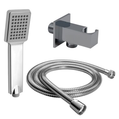 Handbrause quadratisch mit Schlauch 150 cm und Wandanschlussbogen mit integr. Brausehalterung