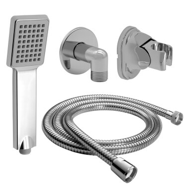 Handbrause quadratisch mit Schlauch 150 cm, Wandanschlussbogen und Brausehalterung