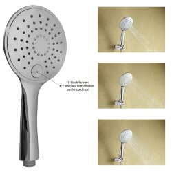Design Handbrause 3 Funktionen – verchromt, Regen-, Strahl- & Massagestrahl