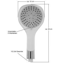 Handbrause Weiß mit 5 Strahlarten Antikalk inkl....