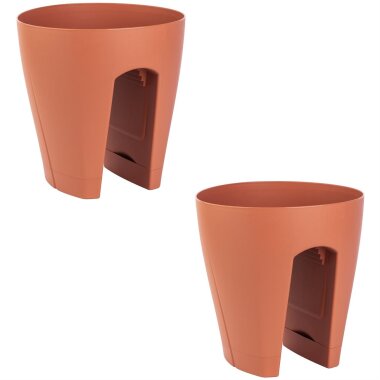 2x ENGELLAND Blumentopf für Geländer in Rotbraun – Balkon-Pflanztopf mit je 2,8 L Volumen, UV-beständig, mit Wasserauffangschale, wetterfest, zum Einhängen