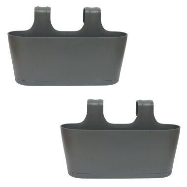 2x Blumenkasten oval zum Hängen mit Wasserspeicher – Balkon Übertopf Pflanzkasten Blumentopf in Grau, wetterfest, Kunststoff für Geländer & Außenbereich