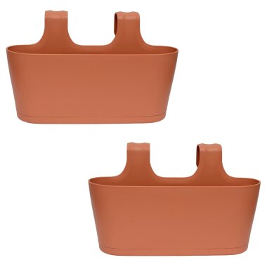 2x Blumenkasten oval zum Hängen mit Wasserspeicher – Balkon Übertopf Pflanzkasten Blumentopf in Rotbraun, wetterfest, Kunststoff, ideal für Geländer & Außenbereich