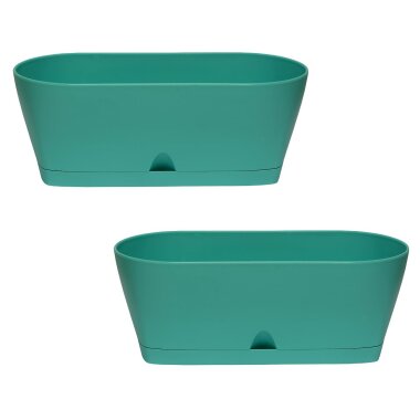 2x Ovaler Blumenkasten Mint mit Wasserauffangschale für Balkon & Garten