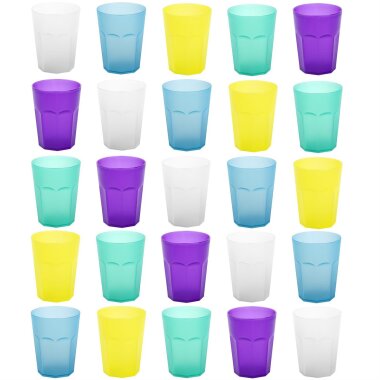 ENGELLAND 25-teiliges Kunststoffbecher-Set 0,25 L im Fünf-Farben-Mix BPA-frei stapelbar ideal für Alltag, Party & Outdoor