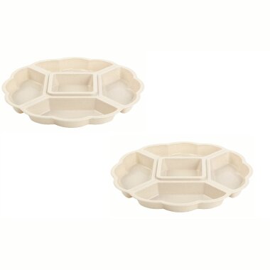 2er-Set Servierplatten Beige Ø 33 cm – runde Snack-Platten aus BPA-freiem Kunststoff, 5-fach unterteilt, spülmaschinenfest & wetterbeständig