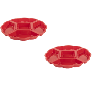 2x Servierplatte Snackschale Kunststoff, Vorspeisenteiler, 5 Fächer, Rot, 33 cm