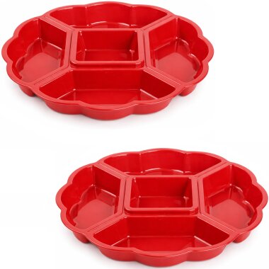 2-er-Set runde Servierplatten in Rot Ø 33 cm – 5-Fächer Snack-Platten aus BPA-freiem Kunststoff, spülmaschinenfest & wetterbeständig