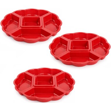 3-er-Set Servierplatten in Rot Ø 33 cm – runde Snack-Platten mit 5 Fächern aus BPA-freiem Kunststoff, spülmaschinenfest & wetterbeständig