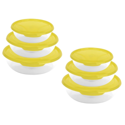 2x 3er Packung runde Frischhaltedose Aufbewahrungsbeh&auml;lter aus transparentem Kunststoff mit Deckel f&uuml;r Lebensmittel in Gelb