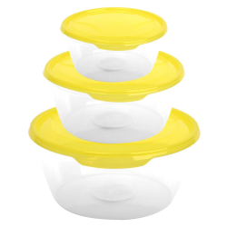 3er Packung runde Frischhaltedose Aufbewahrungsbeh&auml;lter aus transparentem Kunststoff mit Deckel f&uuml;r Lebensmittel in Gelb