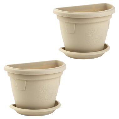 2er Set Pflanzkübel hängend 2,4 L mit Untersetzer – Wandmontage, robuster Kunststoff, dekorativ & wetterfest Beige