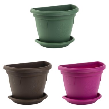 3er Set Pflanzkübel 24L mit Untersetzer zum Hängen – robuster Kunststoff-Blumentopf für Wand & Balkon in Moosgrün, Braun und Lila