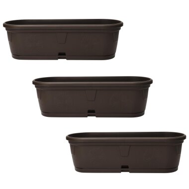 3er Set Pflanzkübel 50 cm Dunkelbraun – oval, wetterfest mit Wasserspeicher für Balkon & Terrasse