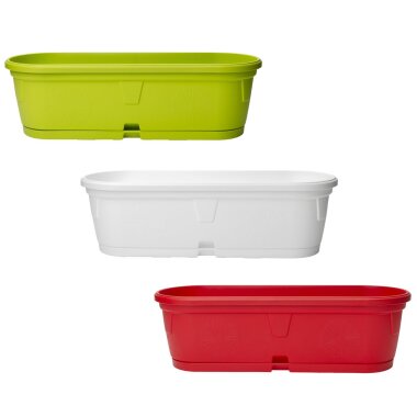3er Set ovaler Pflanzkübel 50 cm – wetterfest & stapelbar für Balkon & Garten (Weiß/Hellgrün/Rot)