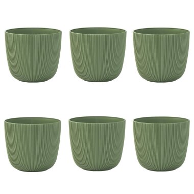 Engelland Blumentopf im 6er Set Ø 18 cm – Moosgrün, modern gerillt, wetterfest mit Drainagesystem (PP-Kunststoff)