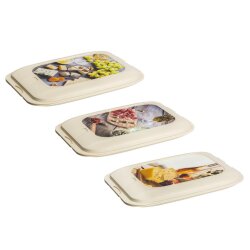 Stapelbares 3er Aufschnittbox Set Farbmix mit Motiv – 25 × 17 × 3,3 cm, BPA freier Kunststoff, Mikrowellen  & Gefriergeeignet