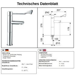 Hygienische Waschtischarmatur hoch mit langem Armhebel...