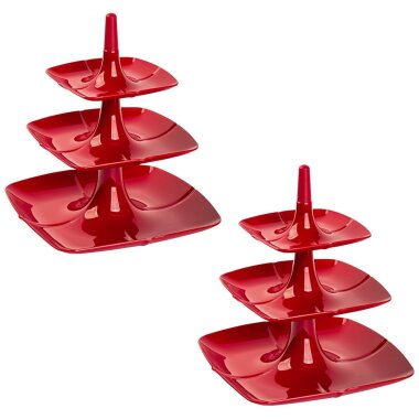 2er Set 3-stöckige Etagère Rot aus lebensmittelechtem PP – stabiler, moderner Kuchen- & Dessertständer zum einfachen Zusammenstecken