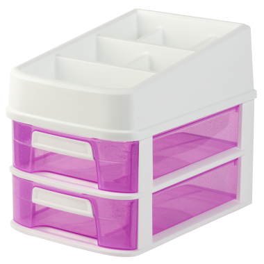 1 x Multifunktions-Organizer für Büro, Bad, Werkstatt, Schreibtisch mit 2 Schubladen, Aufbewahrungsbox, Kunststoff, Weiß-Pink