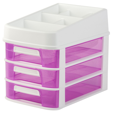 1 x Multifunktions-Organizer für Büro, Bad, Werkstatt, Schreibtisch mit 3 Schubladen, Aufbewahrungsbox, Kunststoff, Weiß-Pink