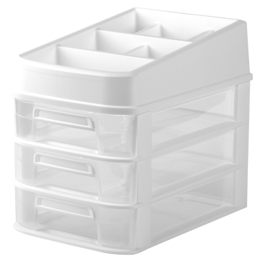 1 x Multifunktions-Organizer für Büro, Bad, Werkstatt, Schreibtisch mit 3 Schubladen, Aufbewahrungsbox, Kunststoff, Weiß-Transparent