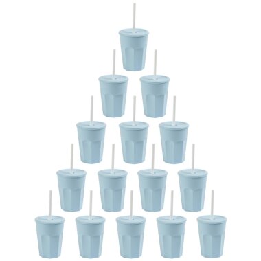 ENGELLAND 15er Set Trinkbecher Blau mit Deckel & Strohhalm (250 ml) – Wiederverwendbare, auslaufsichere BPA freie Kunststoffbecher, stapelbar & spülmaschinenfest