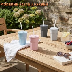 ENGELLAND 15er Set Trinkbecher Blau mit Deckel & Strohhalm (250 ml) – Wiederverwendbare, auslaufsichere BPA freie Kunststoffbecher, stapelbar & spülmaschinenfest
