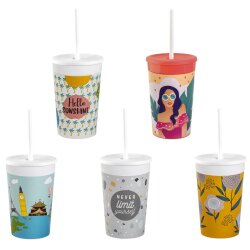 Kunststoffbecher BPA-frei mit Deckel & Strohhalm...