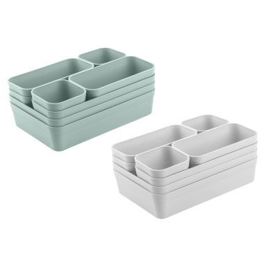 1 x Schubladen-Organizer Set, 16-teilig, Farbmix: Pastellgrün/Hellgrau, universell verstellbar, Aufbewahrungs-Box, Einteiler, Trenn-System, Utensilien, Stauraum, Wohn-Badezimmer, Kunststoff, BPA-frei