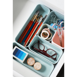 1 x Schubladen-Organizer Set, 16-teilig, Farbmix: Pastellgrün/Hellgrau, universell verstellbar, Aufbewahrungs-Box, Einteiler, Trenn-System, Utensilien, Stauraum, Wohn-Badezimmer, Kunststoff, BPA-frei
