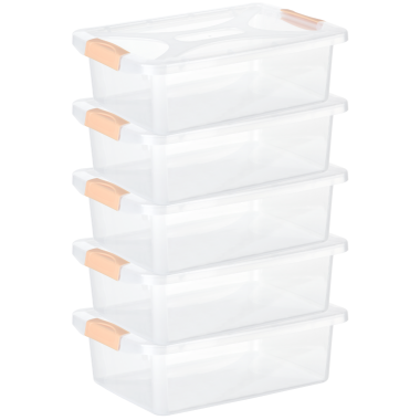 Engelland - 5 x Aufbewahrungsbox mit Deckel und Verschluss-Clips, apricot-transparent, 4 Liter, Plastik-Box, stapelbar, stabil, BPA-frei, lebensmittelecht