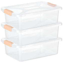 Engelland - 3 x Aufbewahrungsbox mit Deckel und Verschluss-Clips, apricot-transparent, 6 Liter, Plastik-Box, stapelbar, stabil, BPA-frei, lebensmittelecht