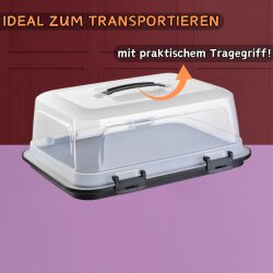 ENGELLAND Kuchen-Transportbox 44x35x17,5 cm Rotbraun transparent – Rechteckige Tortenbox mit Griff, Klickverschluss & Stückeinteilung, BPA-frei