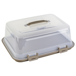 Engelland Rechteckige Kuchen-Transportbox mit Griff, Deckel und 4-fach Klick-Verschluss, Farbe: Transparent-Braun, 44 x 35 x 17,50 cm, BPA-frei, Torten-haube, Stückeinteilungshilfe