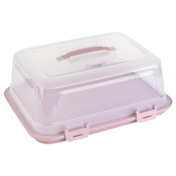 Engelland Rechteckige Kuchen-Transportbox mit Griff, Deckel und 4-fach Klick-Verschluss, Farbe: Transparent-Rosa, 44 x 35 x 17,50 cm, BPA-frei, Torten-haube, Stückeinteilungshilfe