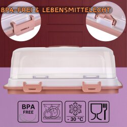 ENGELLAND Rechteckige Kuchen-Transportbox 44x35x17,5 cm Beige Transparent – mit Griff, 4-fach Klickverschluss, Stückeinteilung, BPA-frei