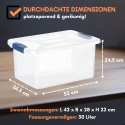 Engelland Aufbewahrungsbox 30 L, dunkelblau-transparent, mit Deckel stapelbar und Verschluss-Clips