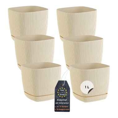 Engelland 6er-Set Blumentöpfe 12×12 cm Beige – quadratisch, wetterfest mit Drainagesystem