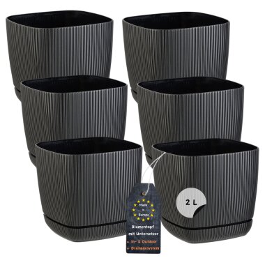 ENGELLAND 6er Set Blumentöpfe 15×15 cm 2 L Schwarz mit Drainagesystem und Untersetzer