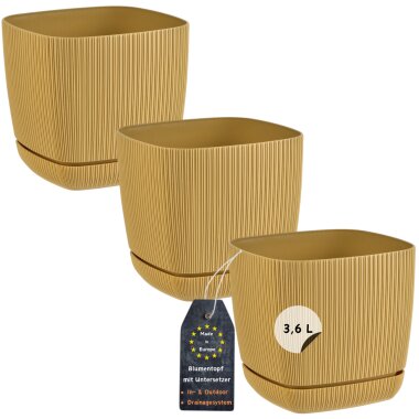 3er-Set ENGELLAND Blumentöpfe 18×18 cm Ocker-Gelb – UV-beständig mit Drainage & Untersetzer