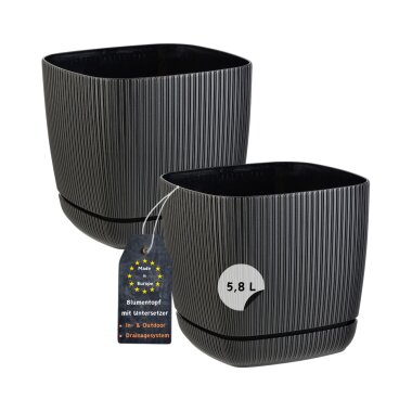 2er-Set ENGELLAND Blumentöpfe 21×21 cm Schwarz – 5,8 L, quadratisch, Rillenoptik, wetterfest & UV-beständig