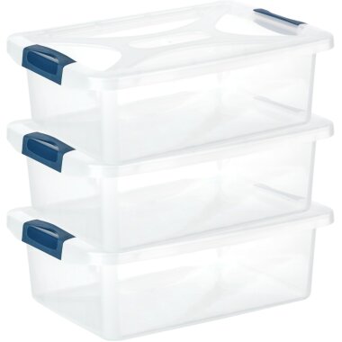 Stapelbare Aufbewahrungsboxen 3er Set 10 L dunkelblau-transparent mit Deckel & Clips BPA-frei