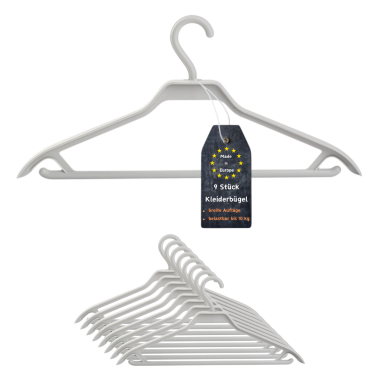 Engelland - 9er Set Kleiderbügel, Grau, extra stabil für schwere Kleidungsstücke, robust, Haken, breite Auflagefläche, Kunststoff, für Jacken, Mäntel, Hosen, Krawatten, Hemden