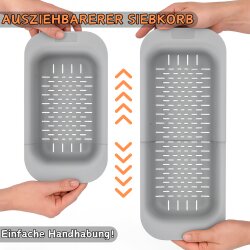Ausziehbares Abtropf-Sieb Grau 34-46 cm BPA-frei Kunststoff – flexibel für Spüle, Obst & Gemüse, Nudeln