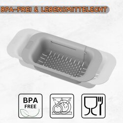 Ausziehbares Abtropf-Sieb Grau 34-46 cm BPA-frei Kunststoff – flexibel für Spüle, Obst & Gemüse, Nudeln